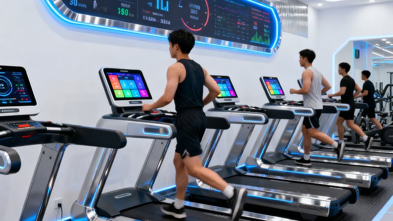 一间智能化健身房内部，墙上悬挂大型数据屏幕显示实时训练数据，器材配备智能计数系统，几位会员正在使用带有触摸屏的跑步机